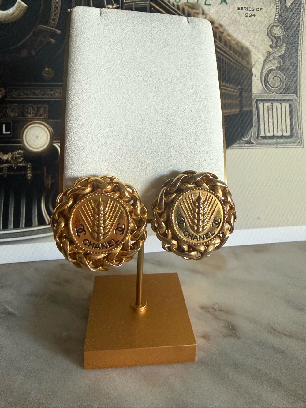 CHANEL COCO Mark Wheat Motif Round Clip On Earrings